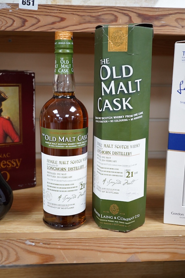 A boxed The Old Malt Cask 21 year Longmorn whisky, distilled May 1992, bottled February 2014. Condition - good